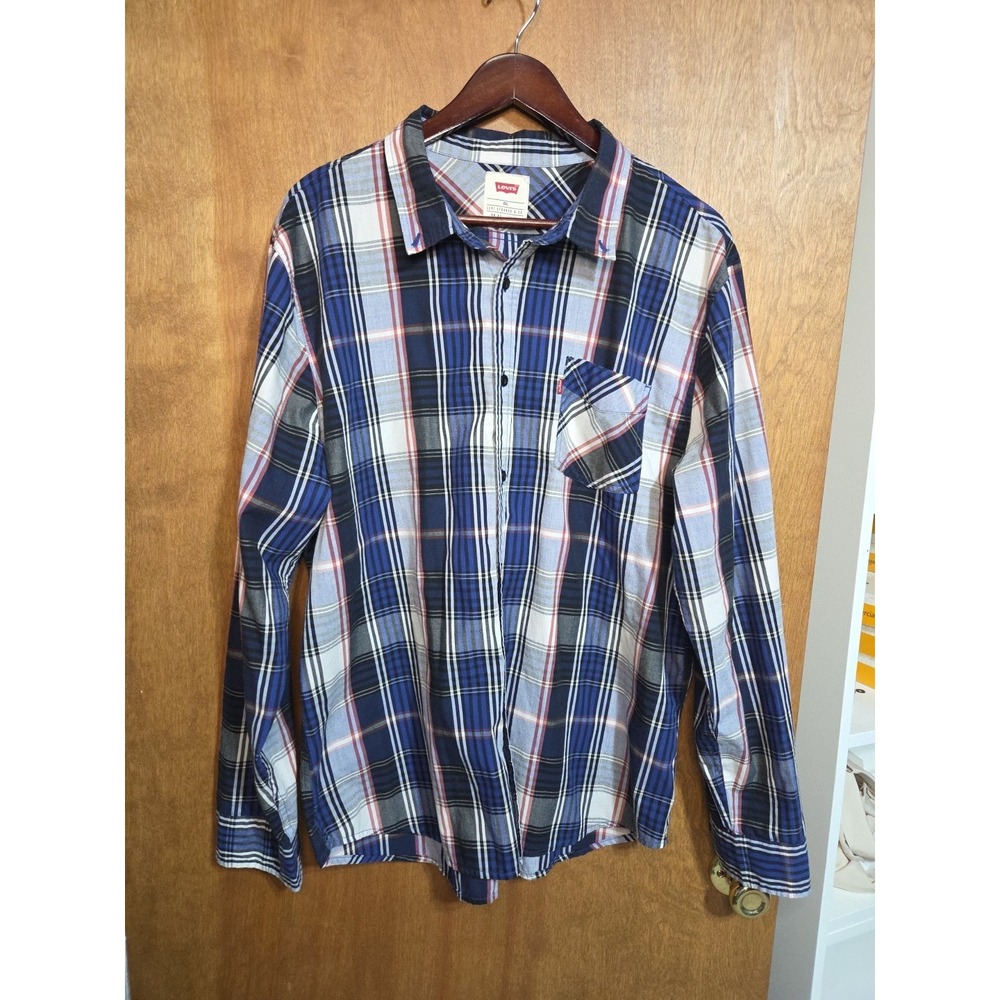 Levi's Mens XL Button Up Shirt Blue White Plaid Long Sleeve Pocket Cotton Casual